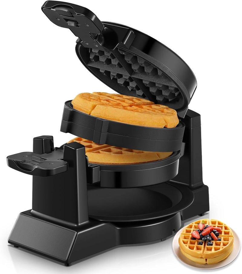 FOHERE Waffle Maker, 1400W Double Belgian Waffle Iron 180° Flip, 8 Slices in 3 Mins, Rotating & Nonstick Plates, Anti-Scald, Removable Drip Tray Easy to Clean, Cool Touch Handle, Space-Saving Storage(Black) - Image 1